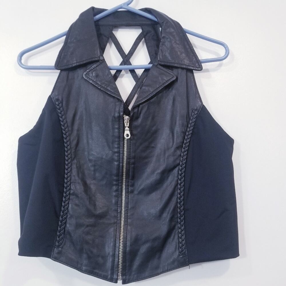 Vintage Diamond Plate  Black  Genuine Leather Biker Vest Halter Crop Top Zip Up